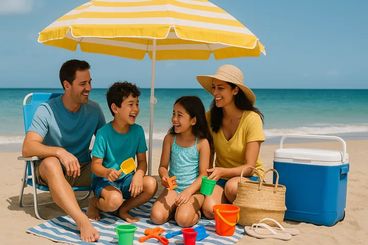 Happy family enjoying a sunny beach day with umbrellas