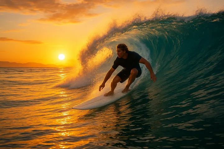 Surfer riding a wave at sunset in Hawaii