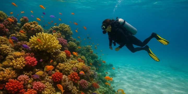Colorful coral reef and diver exploring underwater near tropical US beach
